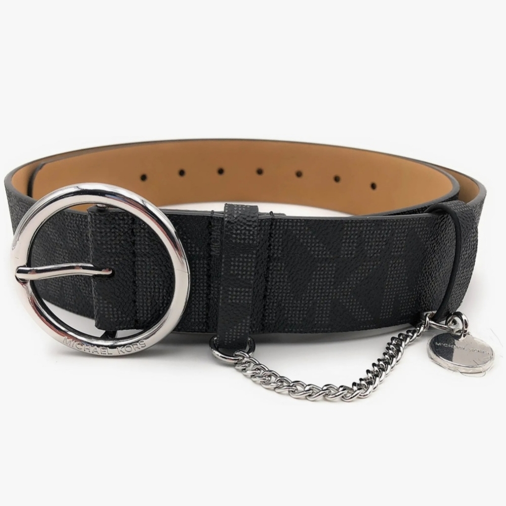 Michael Kors Buckle Logo Charm Belt with Chain Women’s szL silver hardware